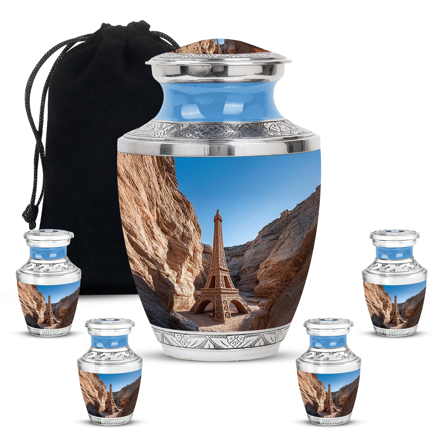 Indigo Eiffel Tower Cremation Urn lifestyle display on memorial shelf - contemporary eiffel tower design with modern artistic flair - memorial set with one large and four small urns