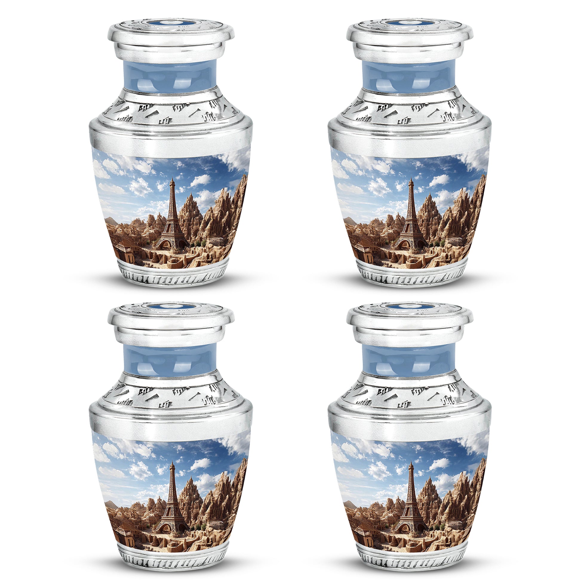 Cornflower Blue Eiffel Tower Cremation Urn back view with polished surface - stylized abstract eiffel tower pattern with bold lines - 10 inch aluminum urn for cremated remains