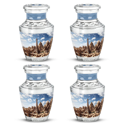 Cornflower Blue Eiffel Tower Cremation Urn back view with polished surface - stylized abstract eiffel tower pattern with bold lines - 10 inch aluminum urn for cremated remains