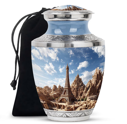 Twilight Blue Eiffel Tower Cremation Urn side profile showing urn shape - artistic eiffel tower interpretation with creative detail - full-size 10 inch 200 cubic inch adult cremation urn