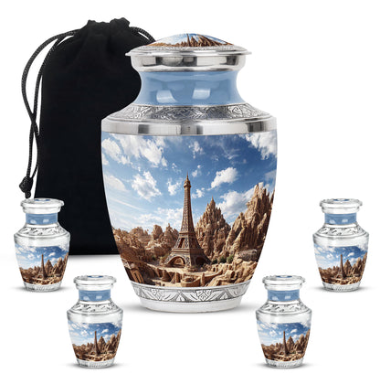 Calming Blue Eiffel Tower Cremation Urn lifestyle display on memorial shelf - stylized abstract eiffel tower pattern with bold lines - memorial set with one large and four small urns