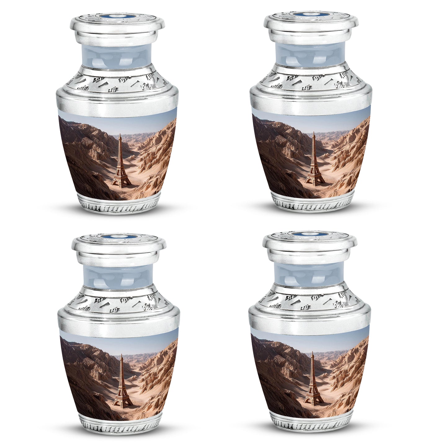 Polished Silver Eiffel Tower Cremation Urn back view with polished surface - stylized abstract eiffel tower pattern with bold lines - 10 inch aluminum urn for cremated remains