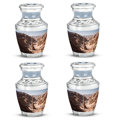 Polished Silver Eiffel Tower Cremation Urn back view with polished surface - stylized abstract eiffel tower pattern with bold lines - 10 inch aluminum urn for cremated remains