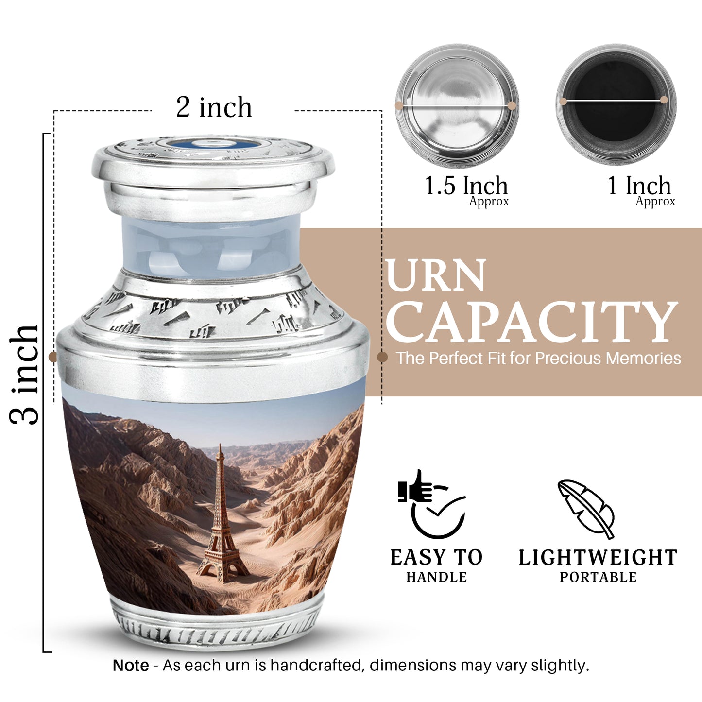 Gleaming Silver Eiffel Tower Cremation Urn top-down view of secure threaded lid - modern art-inspired eiffel tower motif on sleek aluminum - mini keepsake memorial for portion of cremation ashes