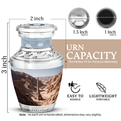 Gleaming Silver Eiffel Tower Cremation Urn top-down view of secure threaded lid - modern art-inspired eiffel tower motif on sleek aluminum - mini keepsake memorial for portion of cremation ashes