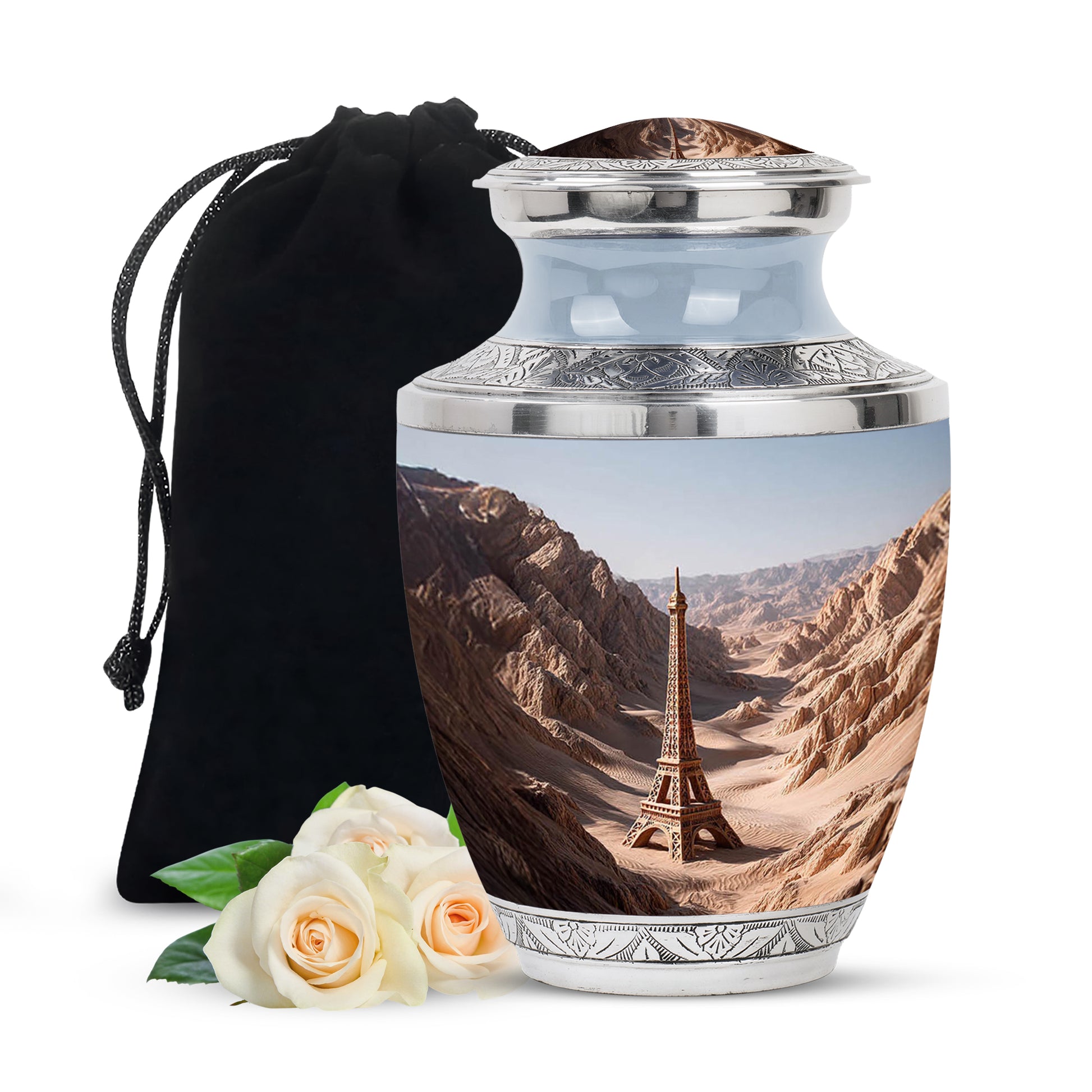 Antique Silver Eiffel Tower Cremation Urn side profile showing urn shape - artistic eiffel tower interpretation with creative detail - full-size 10 inch 200 cubic inch adult cremation urn