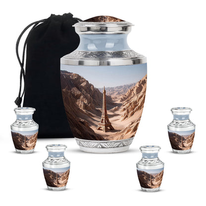 Gleaming Silver Eiffel Tower Cremation Urn lifestyle display on memorial shelf - contemporary eiffel tower design with modern artistic flair - memorial set with one large and four small urns