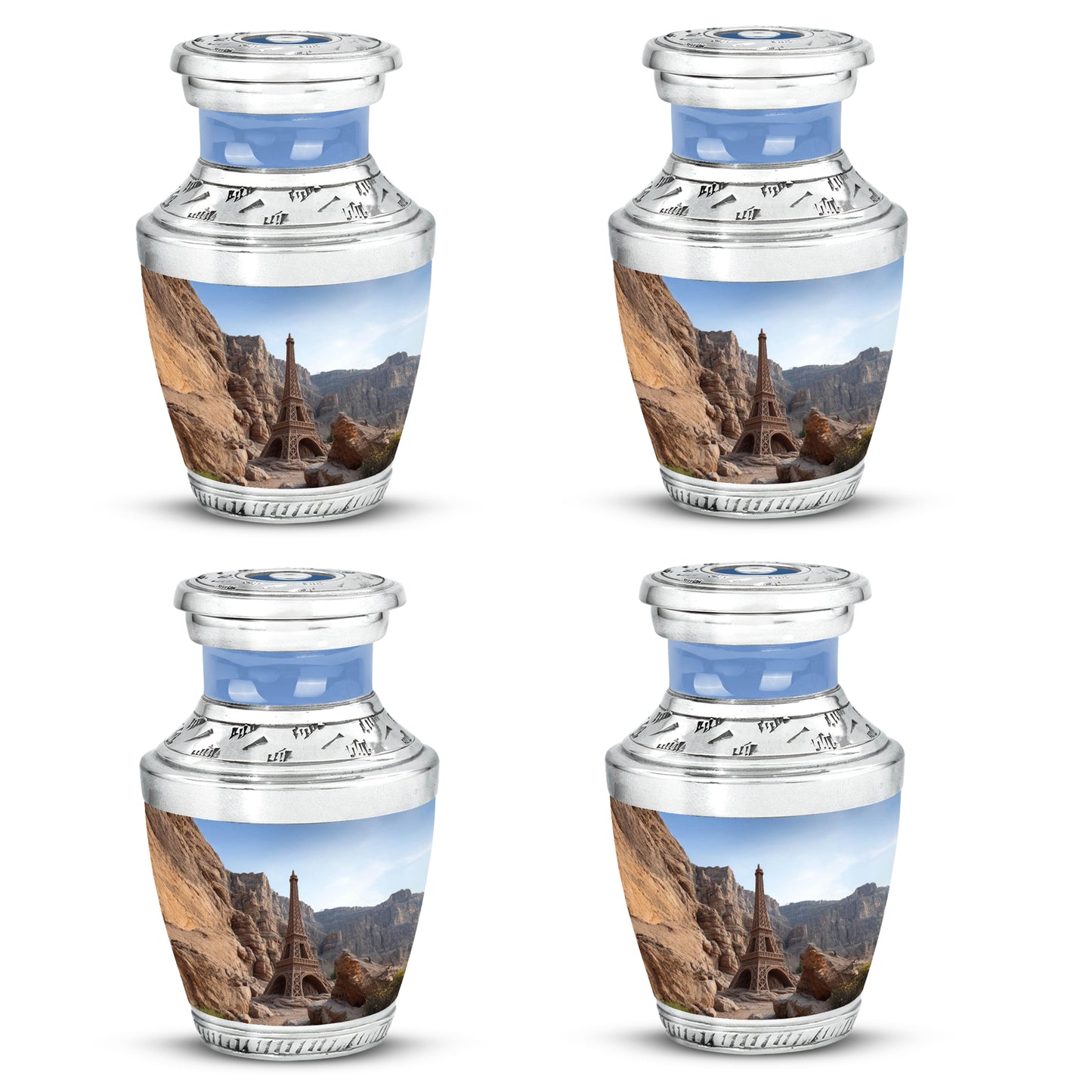 Icy Blue Eiffel Tower Cremation Urn back view with polished surface - modern art-inspired eiffel tower motif on sleek aluminum - 10 inch aluminum urn for cremated remains