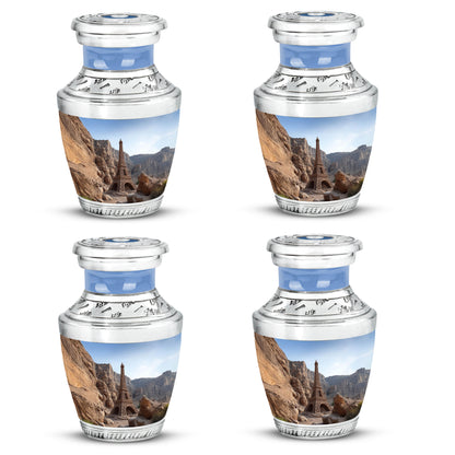 Icy Blue Eiffel Tower Cremation Urn back view with polished surface - modern art-inspired eiffel tower motif on sleek aluminum - 10 inch aluminum urn for cremated remains