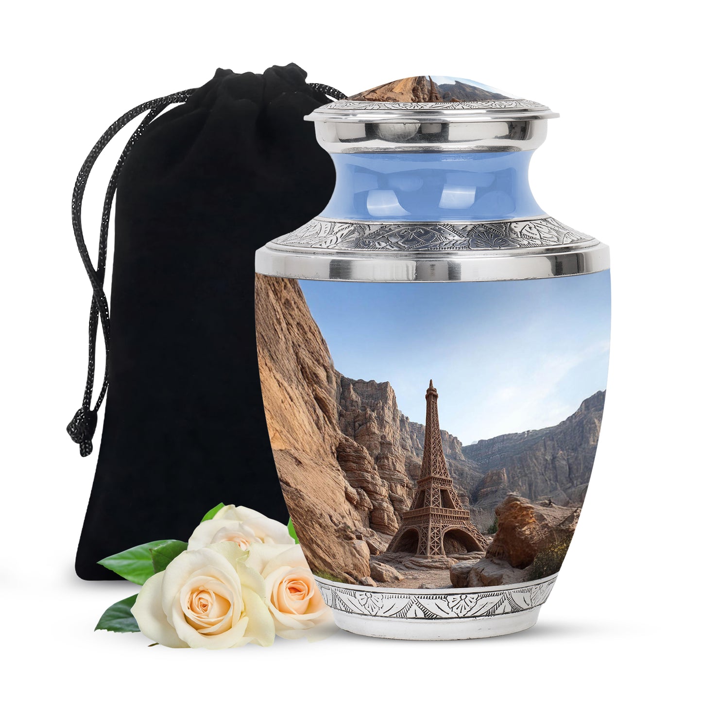 Cornflower Blue Eiffel Tower Cremation Urn side profile showing urn shape - stylized abstract eiffel tower pattern with bold lines - full-size 10 inch 200 cubic inch adult cremation urn