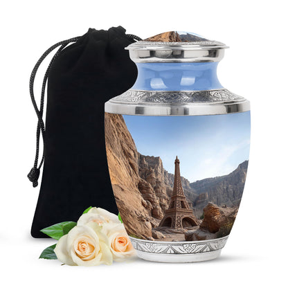 Cornflower Blue Eiffel Tower Cremation Urn side profile showing urn shape - stylized abstract eiffel tower pattern with bold lines - full-size 10 inch 200 cubic inch adult cremation urn