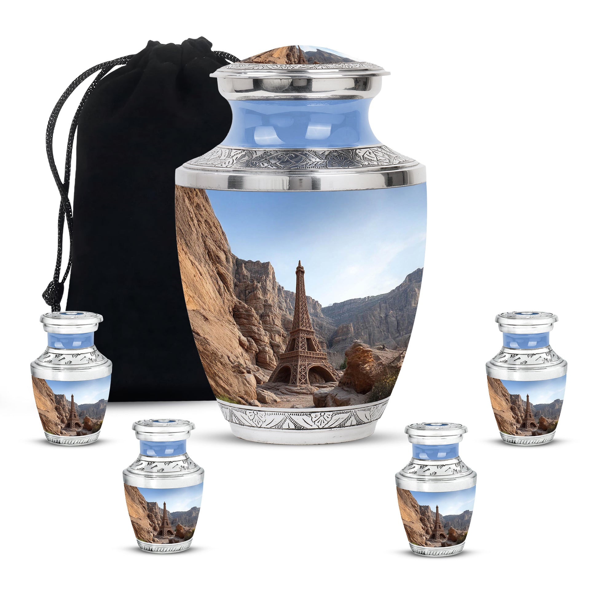 Steel Blue Eiffel Tower Cremation Urn lifestyle display on memorial shelf - artistic eiffel tower interpretation with creative detail - memorial set with one large and four small urns