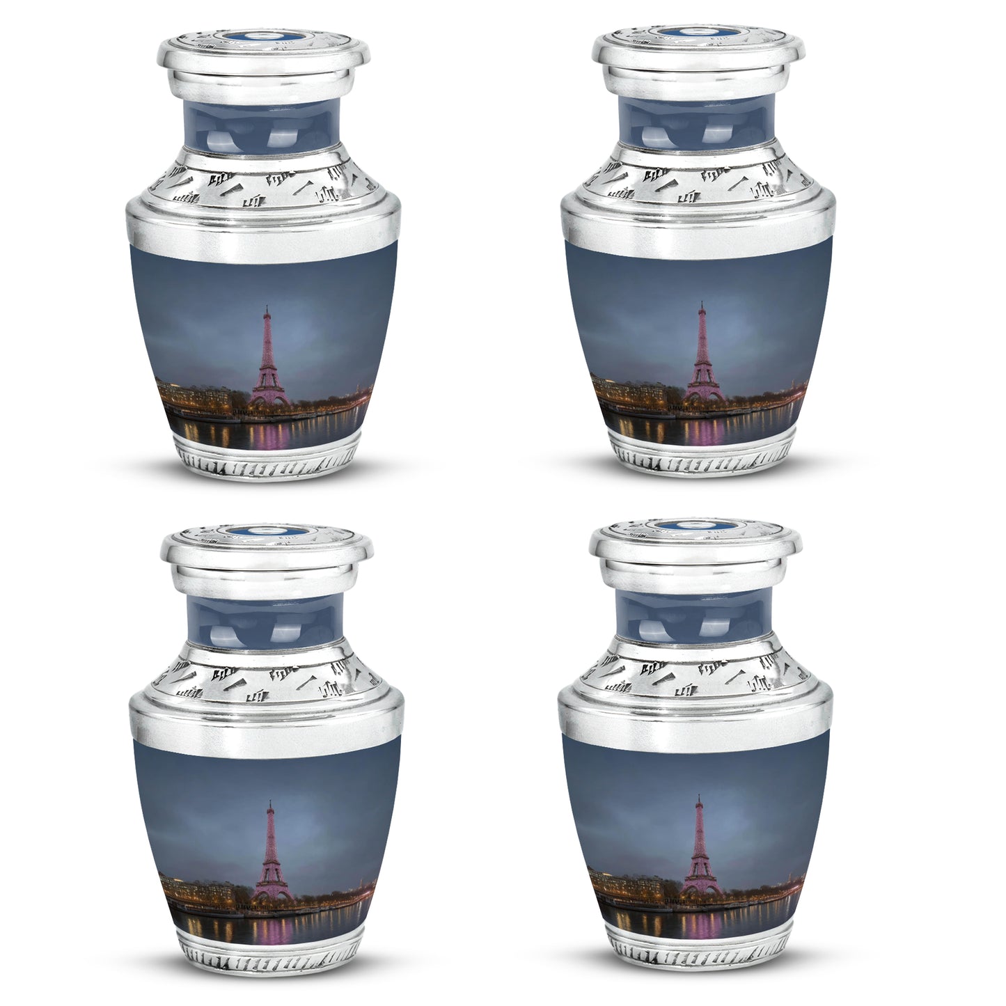 Sky Blue Eiffel Tower Cremation Urn back view with polished surface - modern art-inspired eiffel tower motif on sleek aluminum - 10 inch aluminum urn for cremated remains