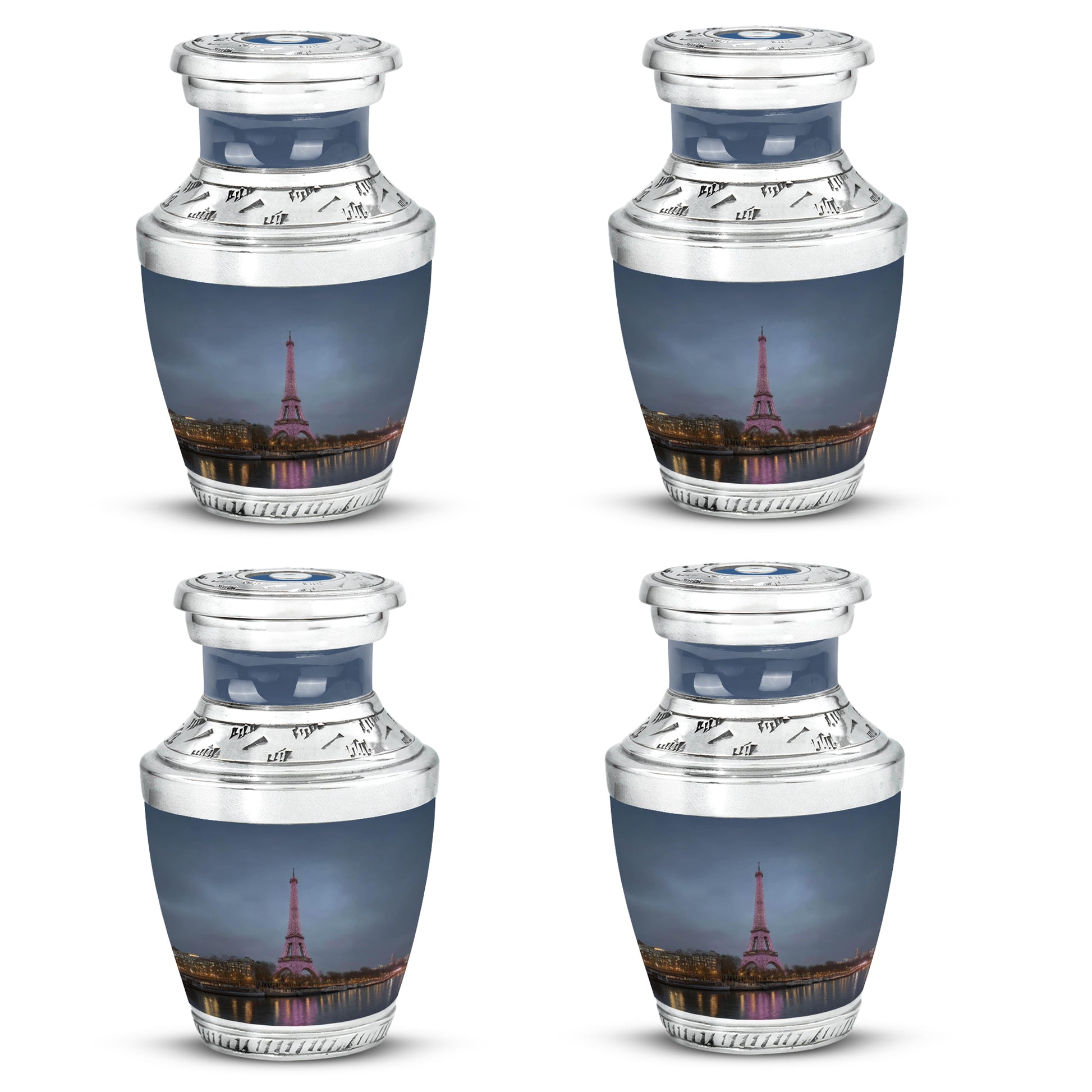 Sky Blue Eiffel Tower Cremation Urn back view with polished surface - modern art-inspired eiffel tower motif on sleek aluminum - 10 inch aluminum urn for cremated remains