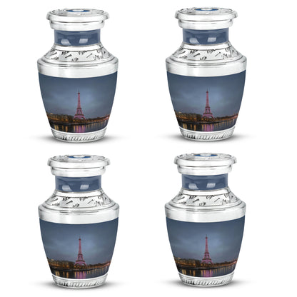 Sky Blue Eiffel Tower Cremation Urn back view with polished surface - modern art-inspired eiffel tower motif on sleek aluminum - 10 inch aluminum urn for cremated remains