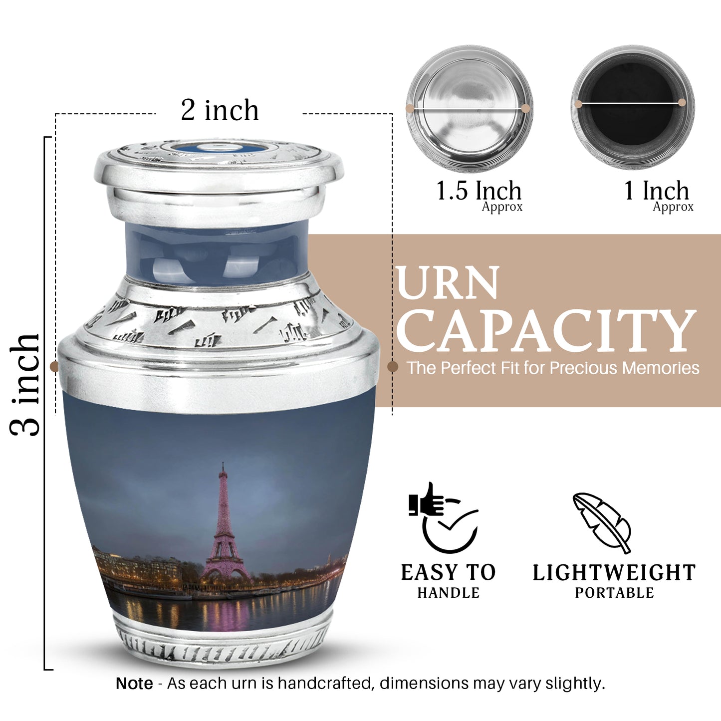 Azure Eiffel Tower Cremation Urn top-down view of secure threaded lid - contemporary eiffel tower design with modern artistic flair - mini keepsake memorial for portion of cremation ashes