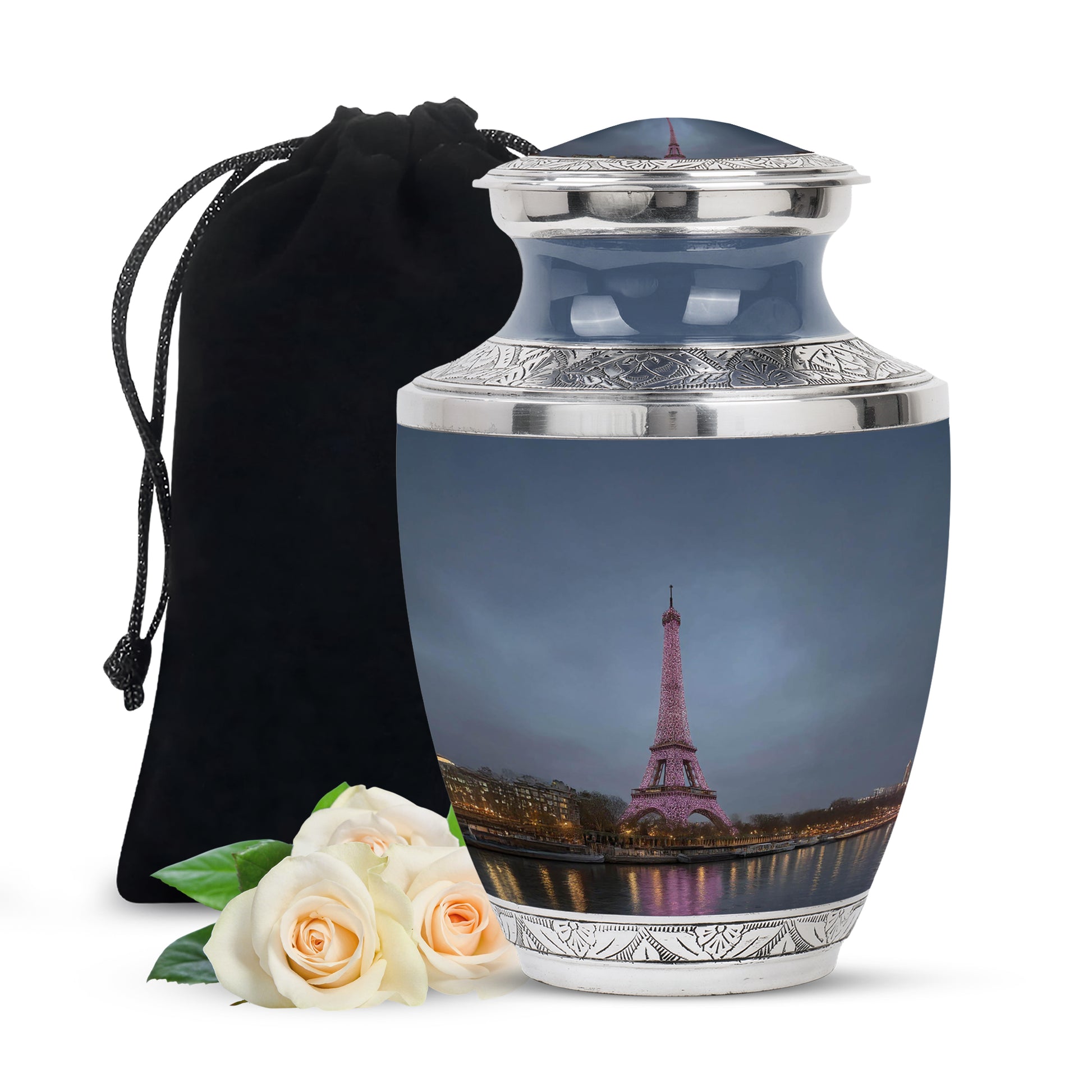 Indigo Eiffel Tower Cremation Urn side profile showing urn shape - modern art-inspired eiffel tower motif on sleek aluminum - full-size 10 inch 200 cubic inch adult cremation urn