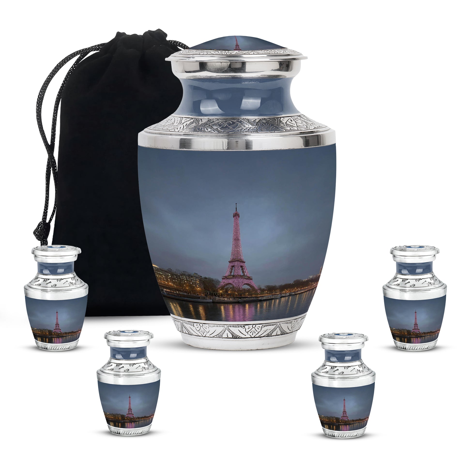 Cornflower Blue Eiffel Tower Cremation Urn lifestyle display on memorial shelf - stylized abstract eiffel tower pattern with bold lines - memorial set with one large and four small urns
