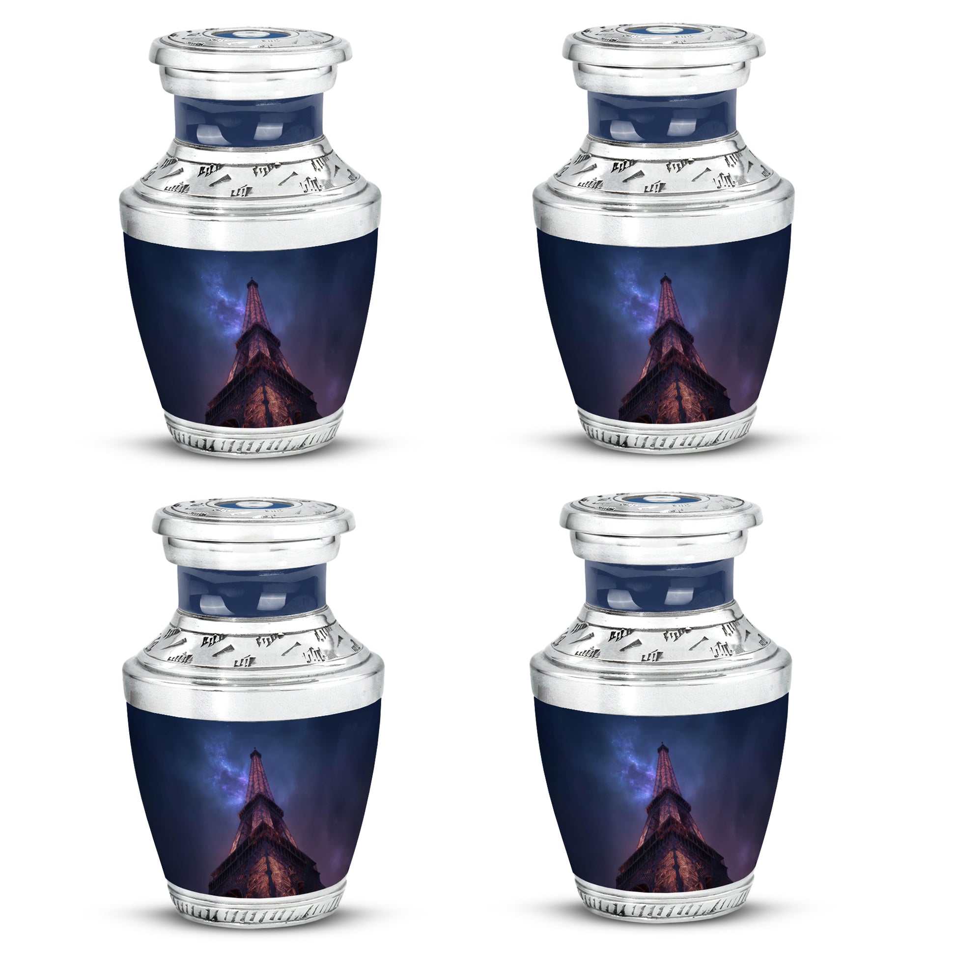 Vivid Blue Eiffel Tower Cremation Urn back view with polished surface - artistic eiffel tower interpretation with creative detail - 10 inch aluminum urn for cremated remains