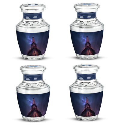 Vivid Blue Eiffel Tower Cremation Urn back view with polished surface - artistic eiffel tower interpretation with creative detail - 10 inch aluminum urn for cremated remains