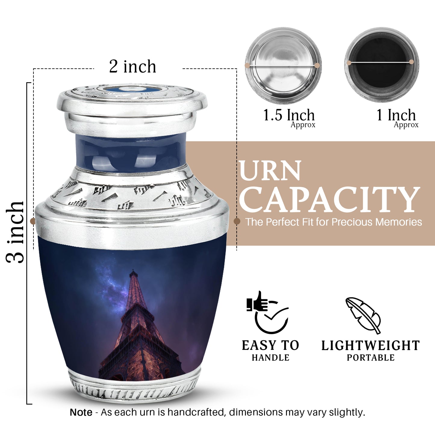 Icy Blue Eiffel Tower Cremation Urn top-down view of secure threaded lid - modern art-inspired eiffel tower motif on sleek aluminum - mini keepsake memorial for portion of cremation ashes