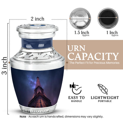 Icy Blue Eiffel Tower Cremation Urn top-down view of secure threaded lid - modern art-inspired eiffel tower motif on sleek aluminum - mini keepsake memorial for portion of cremation ashes