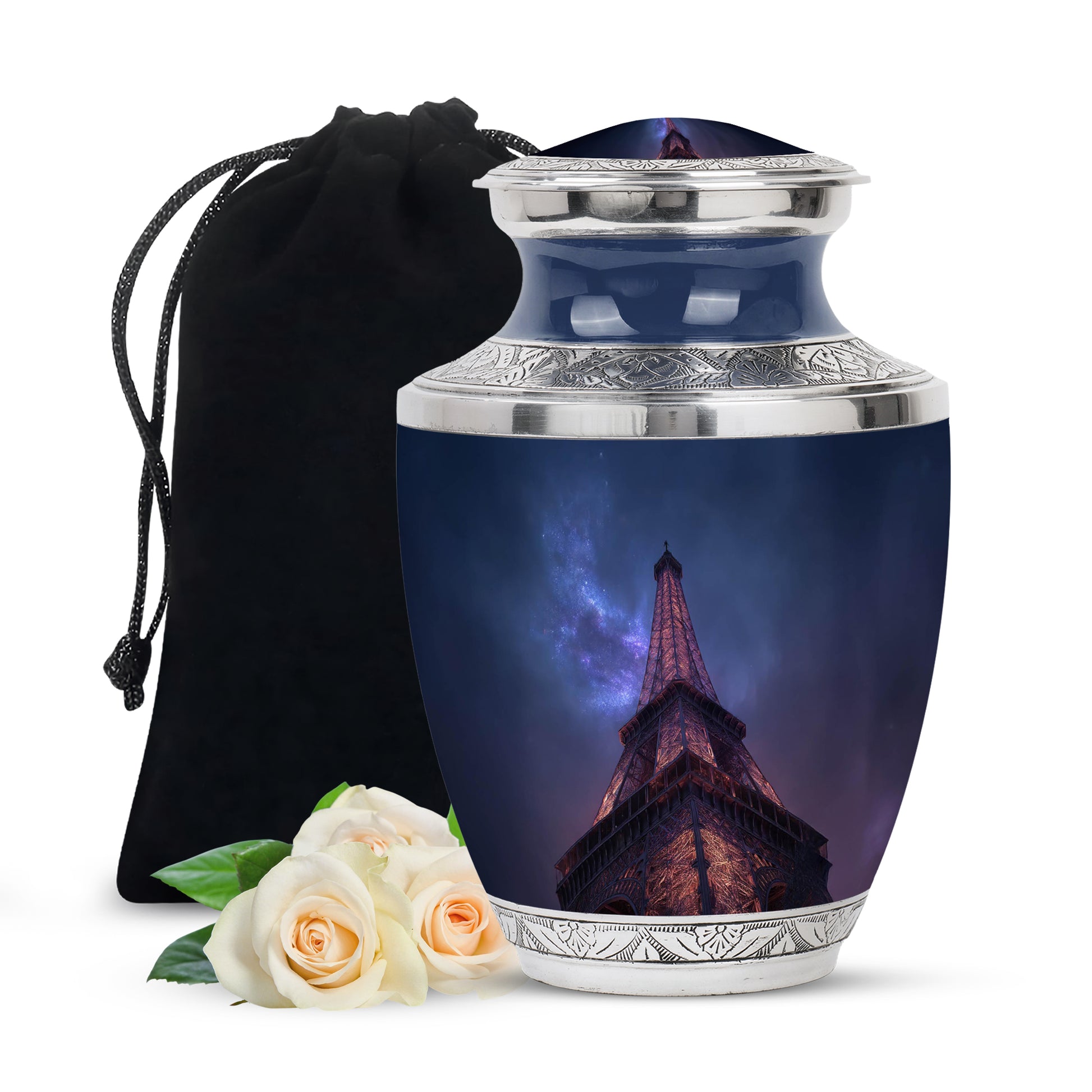 Navy Blue Eiffel Tower Cremation Urn side profile showing urn shape - contemporary eiffel tower design with modern artistic flair - full-size 10 inch 200 cubic inch adult cremation urn