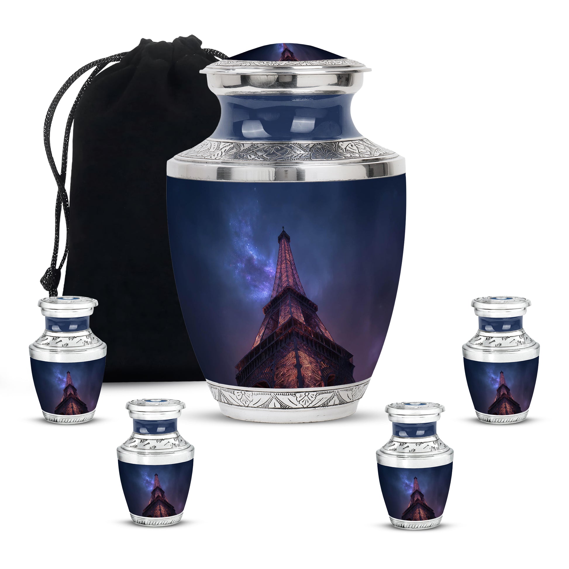 Royal Blue Eiffel Tower Cremation Urn lifestyle display on memorial shelf - artistic eiffel tower interpretation with creative detail - memorial set with one large and four small urns