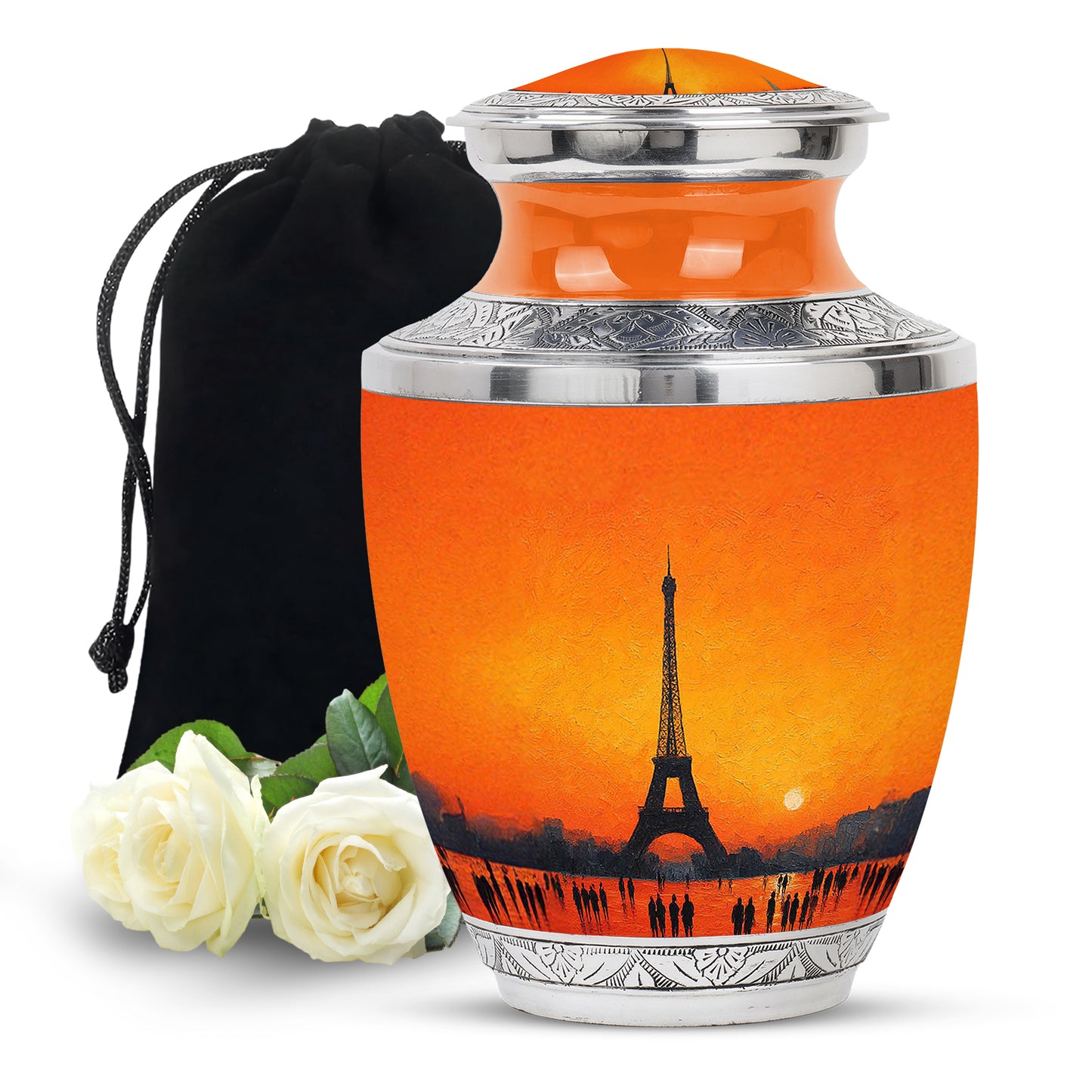 Warm Gold Eiffel Tower Cremation Urn side profile showing urn shape - stylized abstract eiffel tower pattern with bold lines - full-size 10 inch 200 cubic inch adult cremation urn