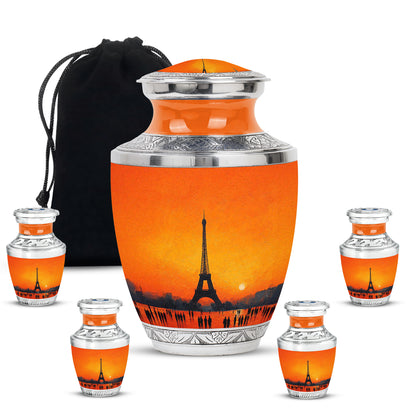 Matte Gold Eiffel Tower Cremation Urn lifestyle display on memorial shelf - artistic eiffel tower interpretation with creative detail - memorial set with one large and four small urns