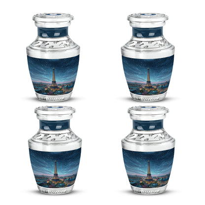 Indigo Eiffel Tower Cremation Urn back view with polished surface - contemporary eiffel tower design with modern artistic flair - 10 inch aluminum urn for cremated remains