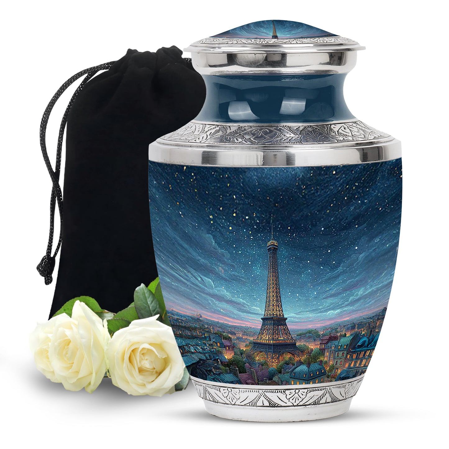 Calming Blue Eiffel Tower Cremation Urn side profile showing urn shape - stylized abstract eiffel tower pattern with bold lines - full-size 10 inch 200 cubic inch adult cremation urn
