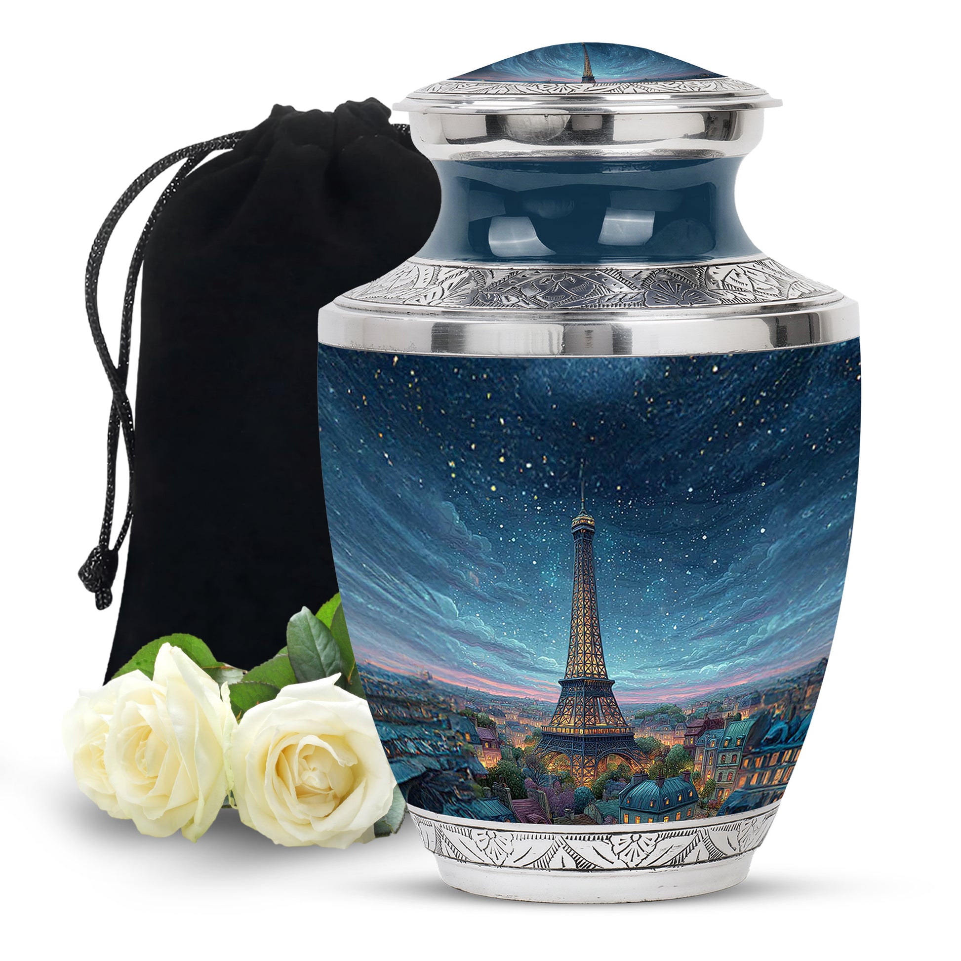 Calming Blue Eiffel Tower Cremation Urn side profile showing urn shape - stylized abstract eiffel tower pattern with bold lines - full-size 10 inch 200 cubic inch adult cremation urn