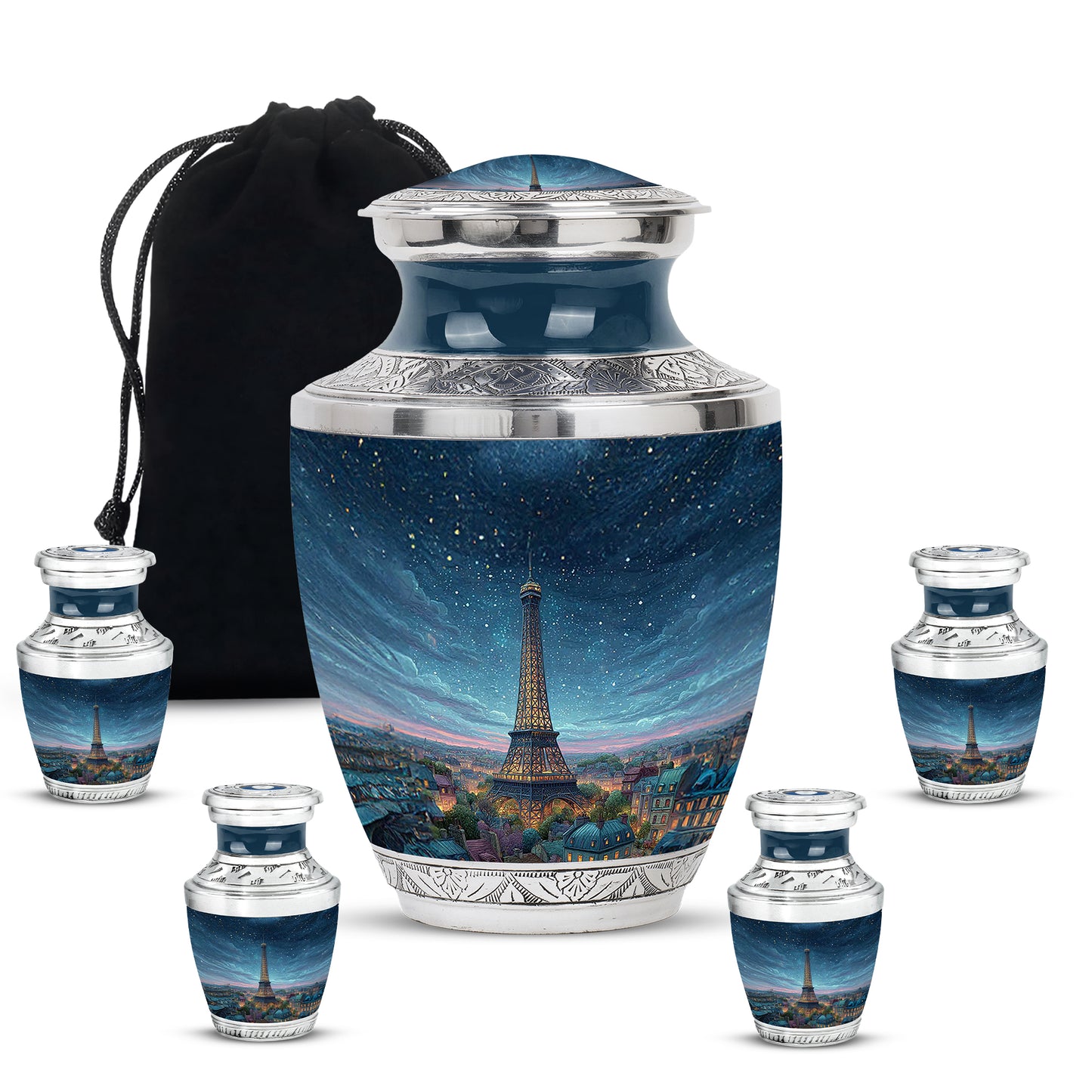 Azure Eiffel Tower Cremation Urn lifestyle display on memorial shelf - modern art-inspired eiffel tower motif on sleek aluminum - memorial set with one large and four small urns