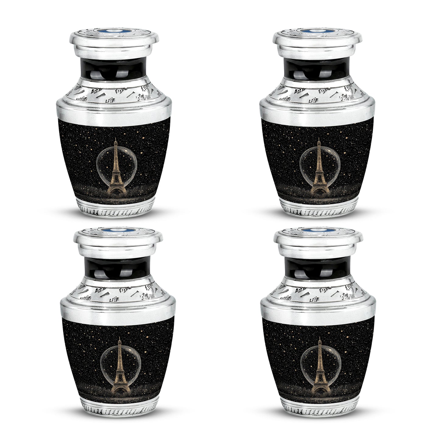 Rich Black Eiffel Tower Cremation Urn back view with polished surface - modern art-inspired eiffel tower motif on sleek aluminum - 10 inch aluminum urn for cremated remains