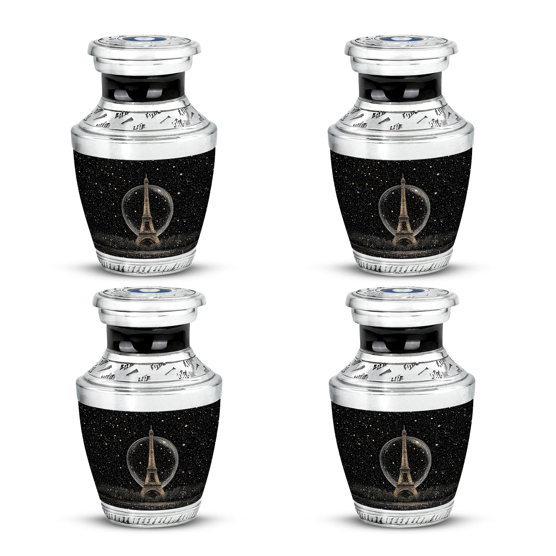 Rich Black Eiffel Tower Cremation Urn back view with polished surface - modern art-inspired eiffel tower motif on sleek aluminum - 10 inch aluminum urn for cremated remains
