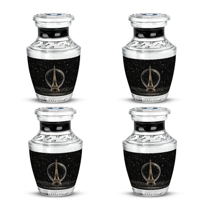Rich Black Eiffel Tower Cremation Urn back view with polished surface - modern art-inspired eiffel tower motif on sleek aluminum - 10 inch aluminum urn for cremated remains