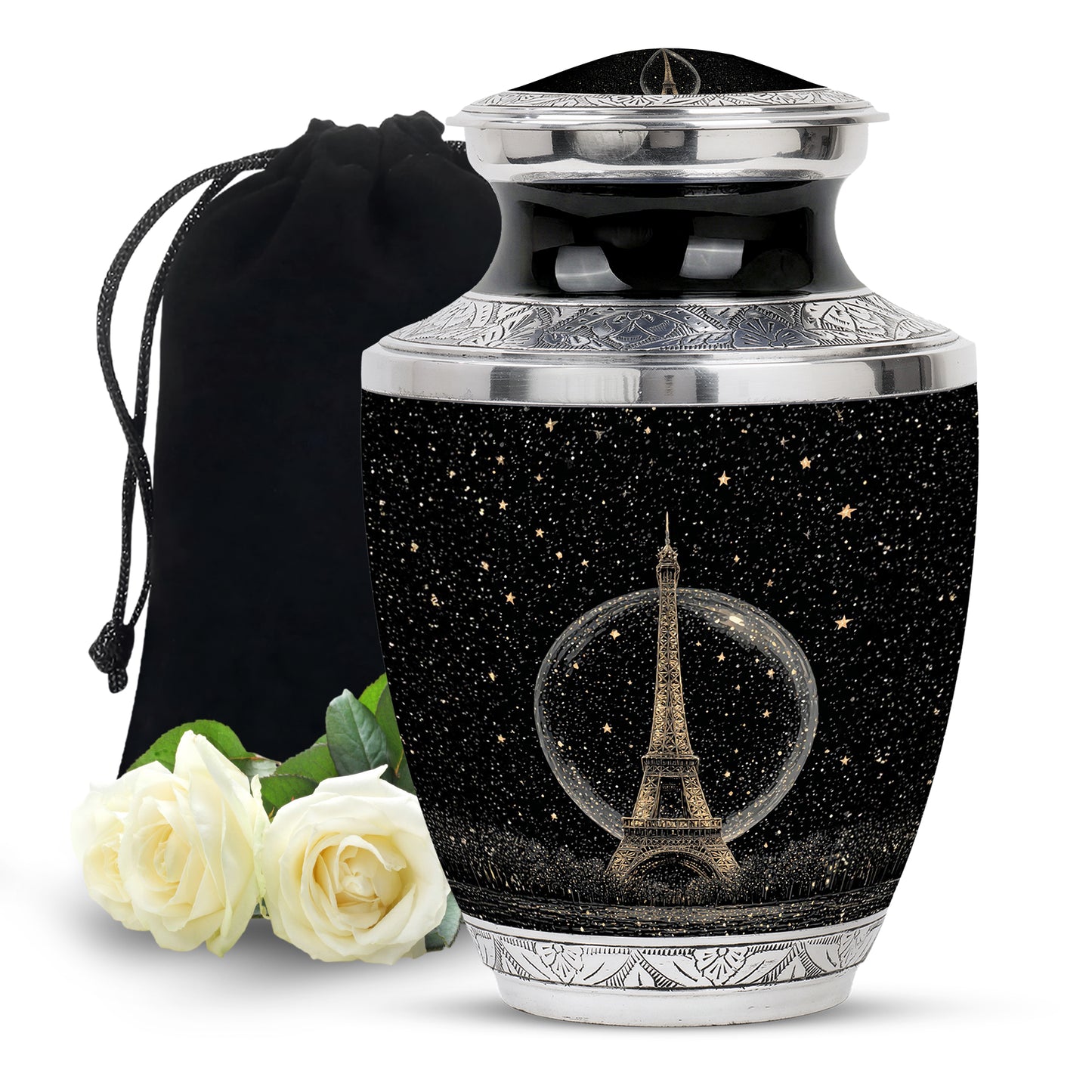 Dark Black Eiffel Tower Cremation Urn side profile showing urn shape - artistic eiffel tower interpretation with creative detail - full-size 10 inch 200 cubic inch adult cremation urn