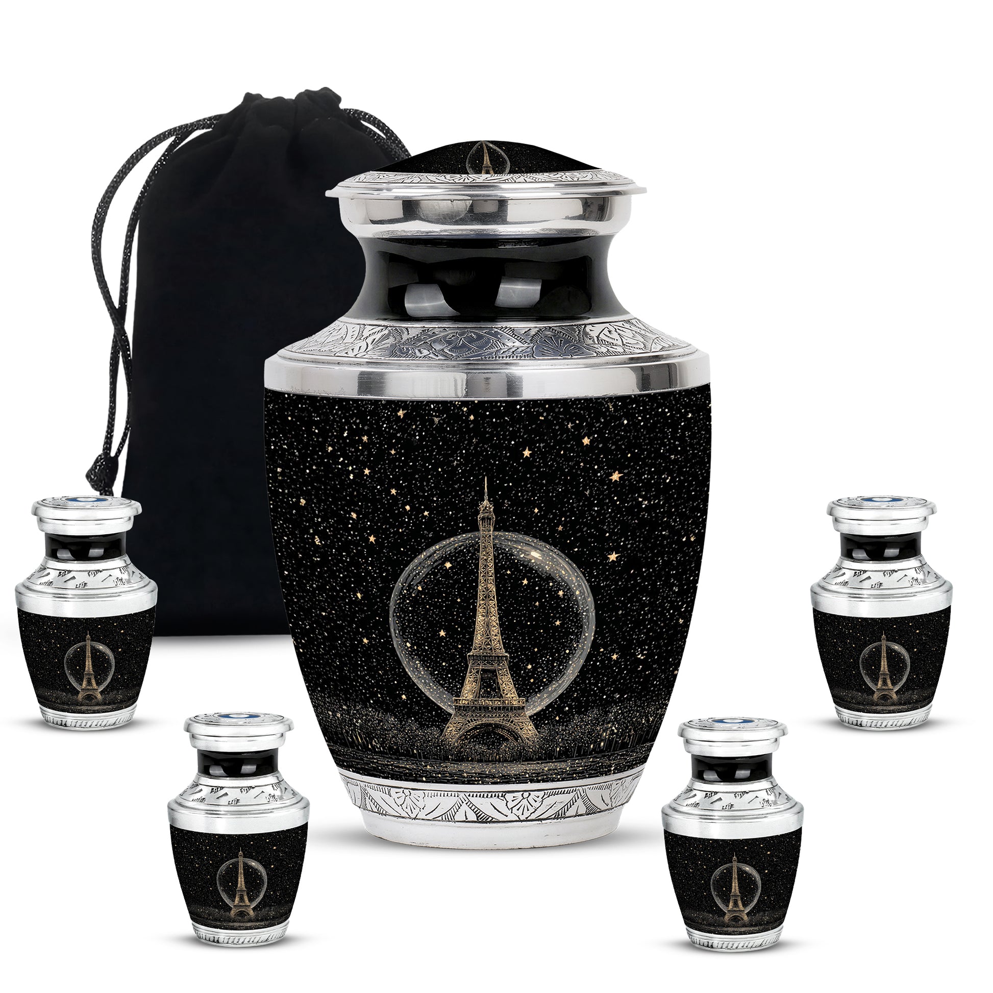 Glossy Black Eiffel Tower Cremation Urn lifestyle display on memorial shelf - modern art-inspired eiffel tower motif on sleek aluminum - memorial set with one large and four small urns