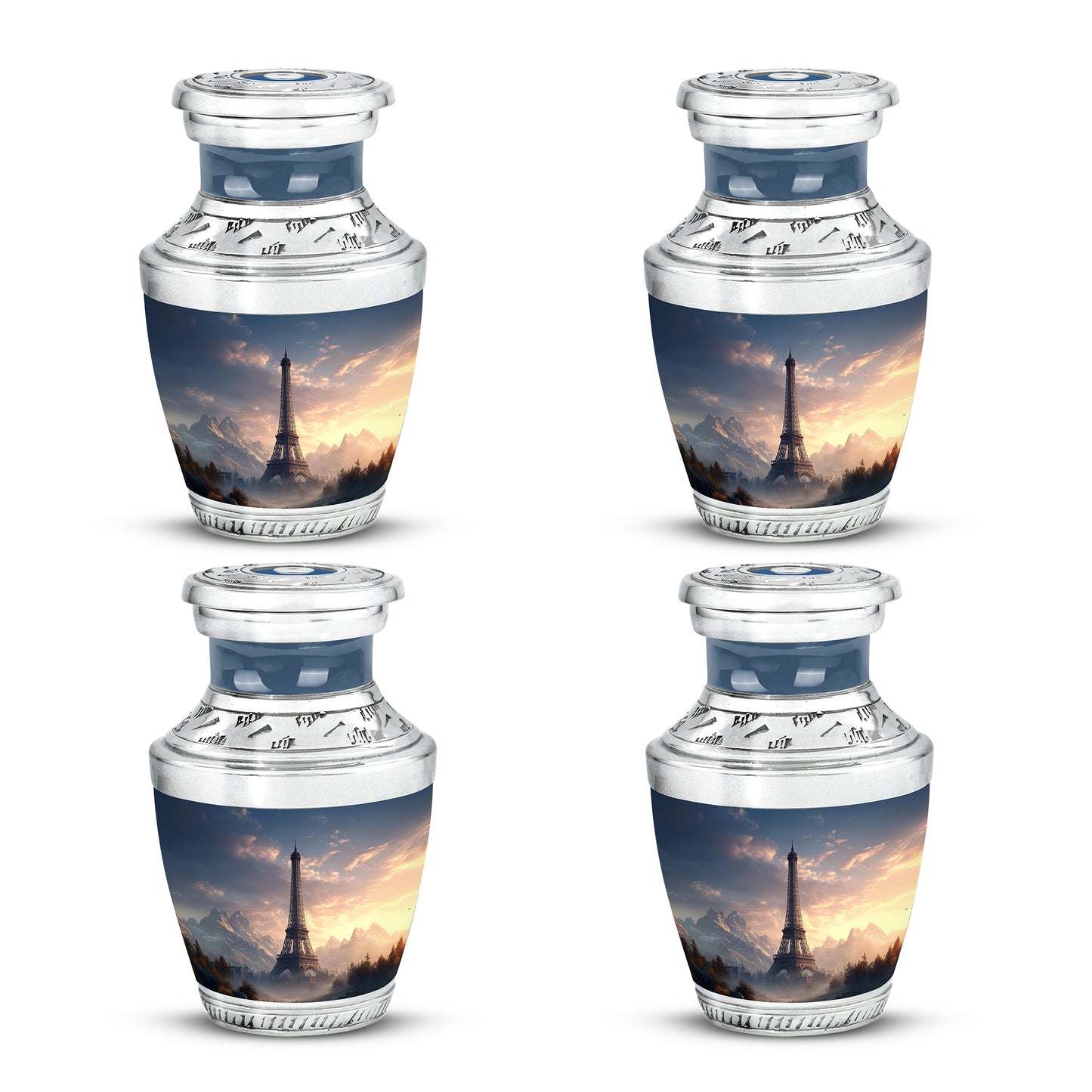 Pastel Blue Eiffel Tower Cremation Urn back view with polished surface - modern art-inspired eiffel tower motif on sleek aluminum - 10 inch aluminum urn for cremated remains
