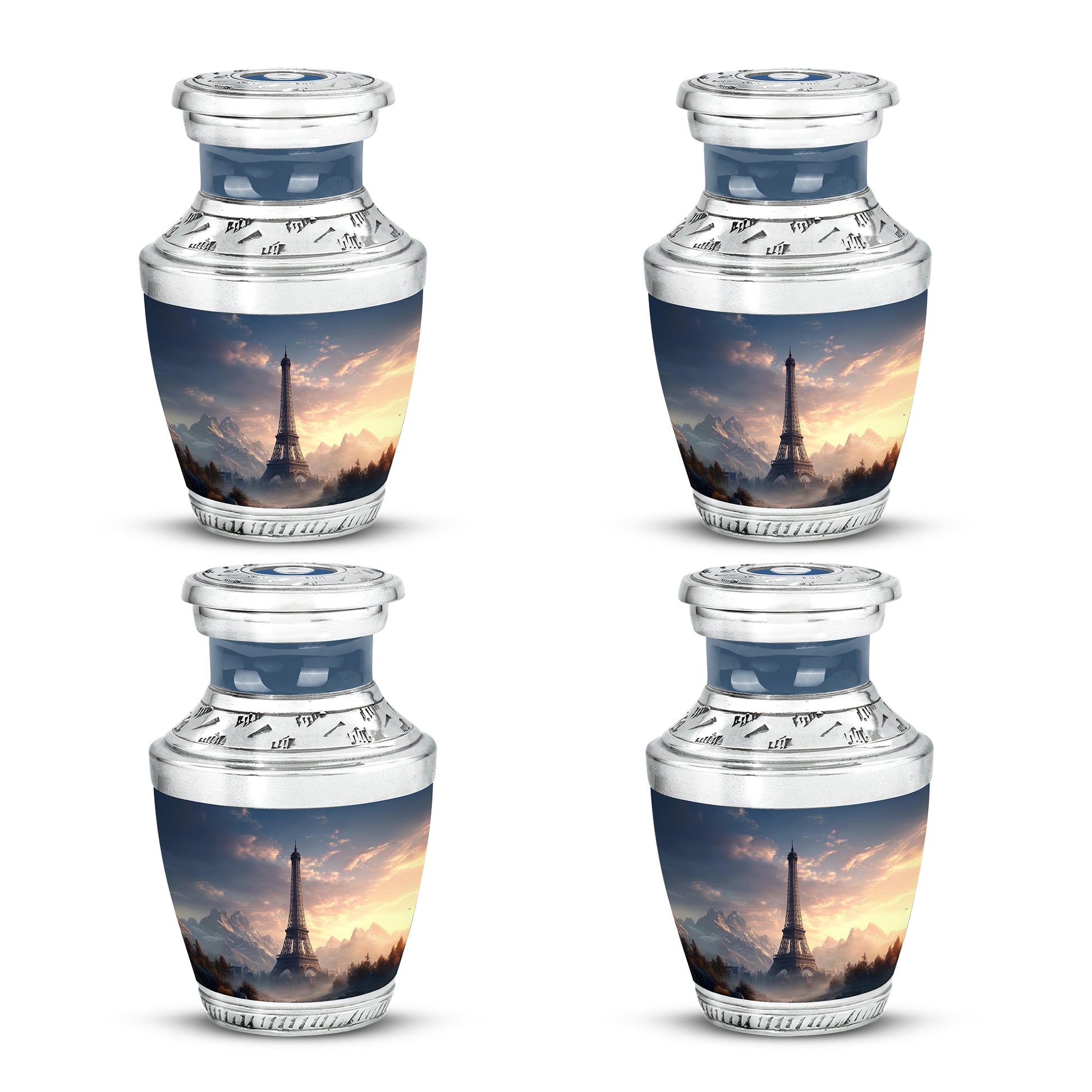 Pastel Blue Eiffel Tower Cremation Urn back view with polished surface - modern art-inspired eiffel tower motif on sleek aluminum - 10 inch aluminum urn for cremated remains