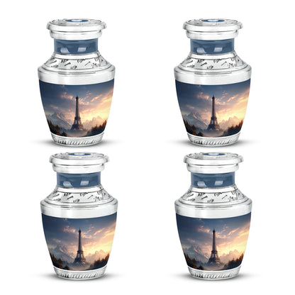 Pastel Blue Eiffel Tower Cremation Urn back view with polished surface - modern art-inspired eiffel tower motif on sleek aluminum - 10 inch aluminum urn for cremated remains