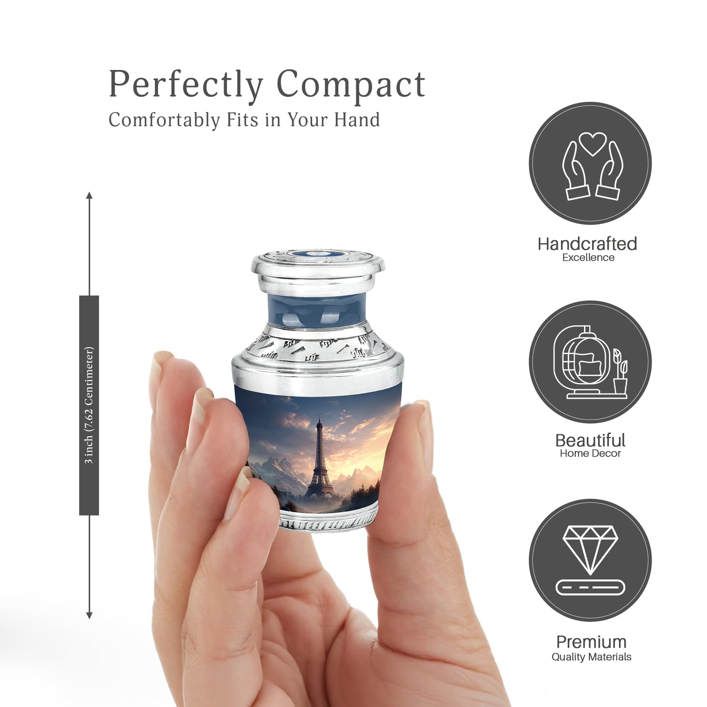 Powder Blue Eiffel Tower Cremation Urn top-down view of secure threaded lid - contemporary eiffel tower design with modern artistic flair - mini keepsake memorial for portion of cremation ashes