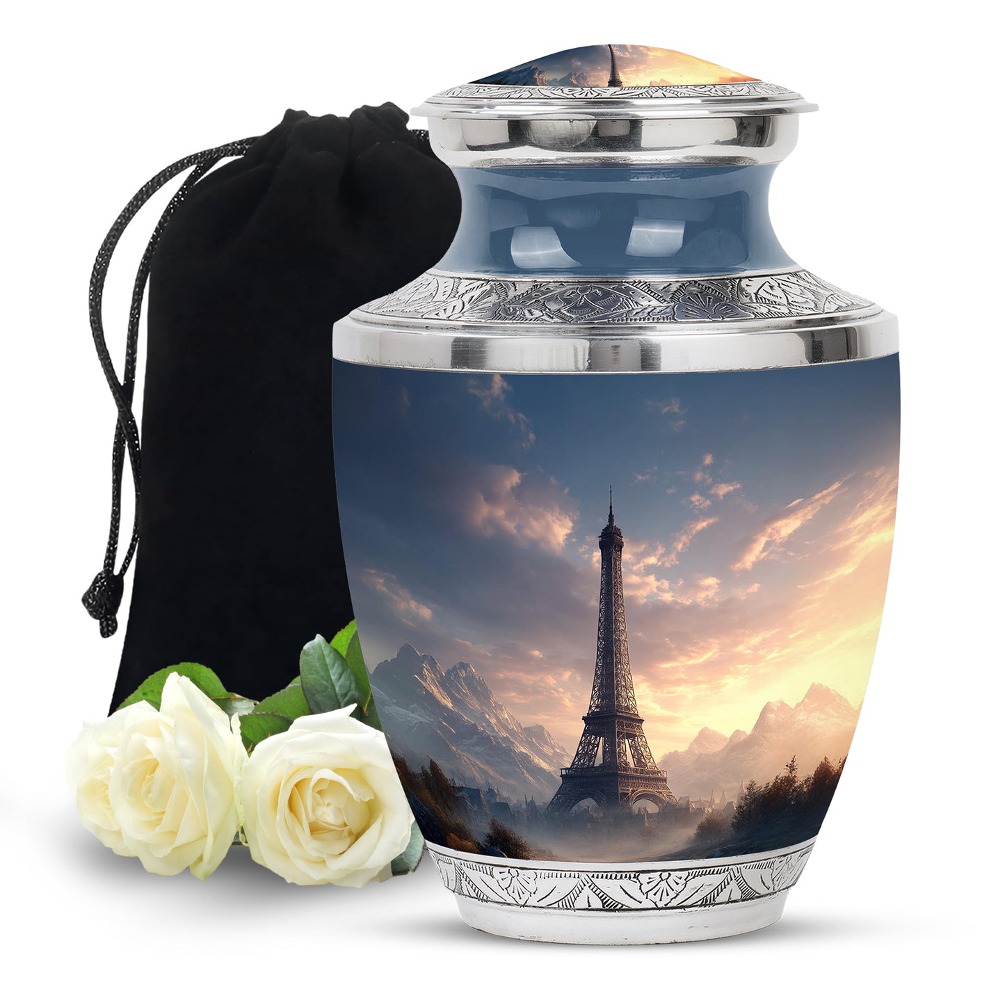 Dusty Blue Eiffel Tower Cremation Urn side profile showing urn shape - modern art-inspired eiffel tower motif on sleek aluminum - full-size 10 inch 200 cubic inch adult cremation urn