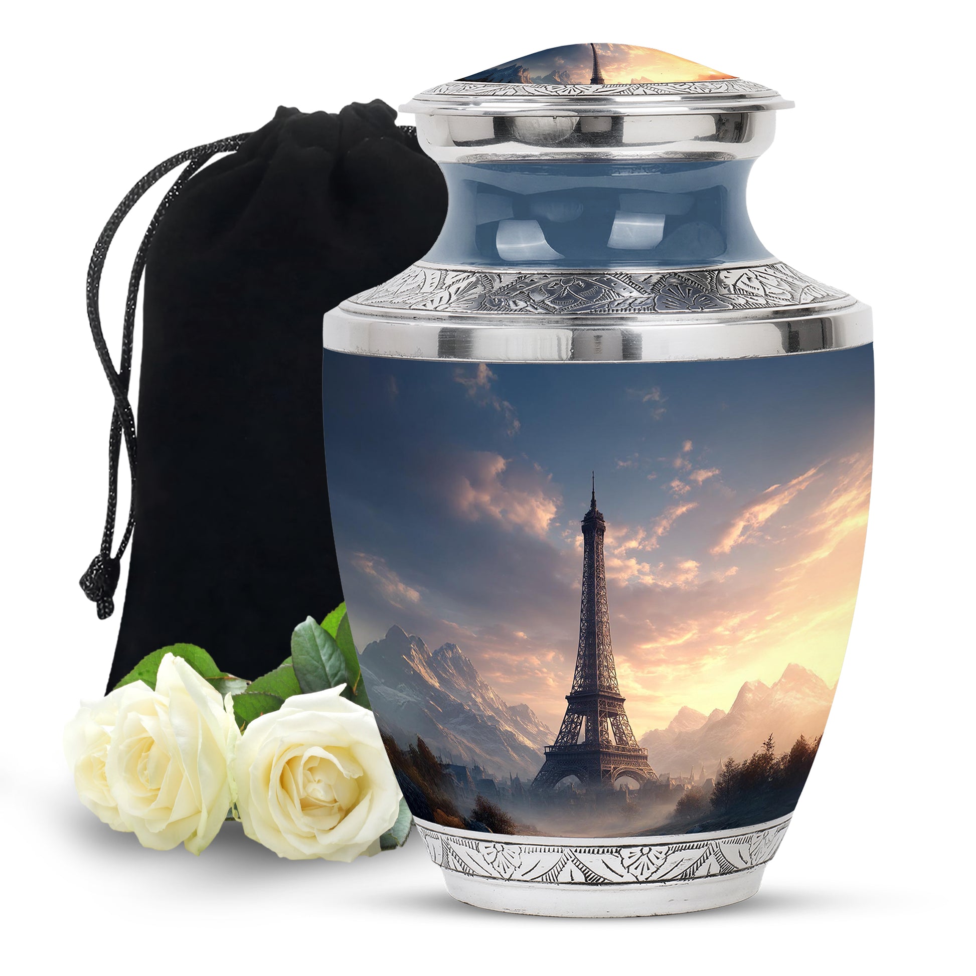 Dusty Blue Eiffel Tower Cremation Urn side profile showing urn shape - modern art-inspired eiffel tower motif on sleek aluminum - full-size 10 inch 200 cubic inch adult cremation urn
