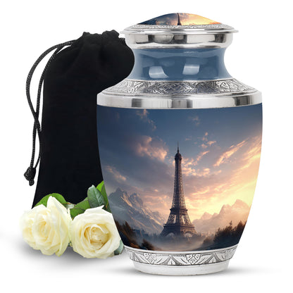 Dusty Blue Eiffel Tower Cremation Urn side profile showing urn shape - modern art-inspired eiffel tower motif on sleek aluminum - full-size 10 inch 200 cubic inch adult cremation urn
