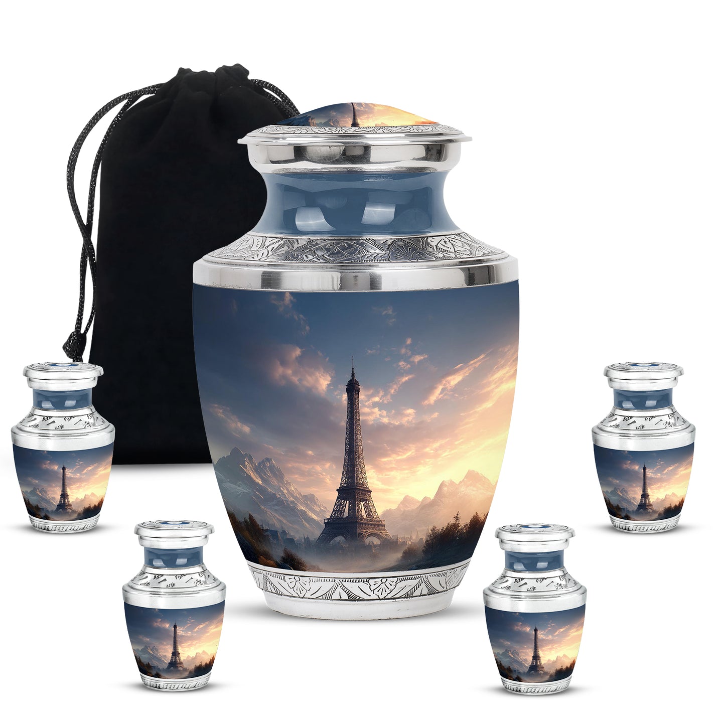 Navy Blue Eiffel Tower Cremation Urn lifestyle display on memorial shelf - contemporary eiffel tower design with modern artistic flair - memorial set with one large and four small urns