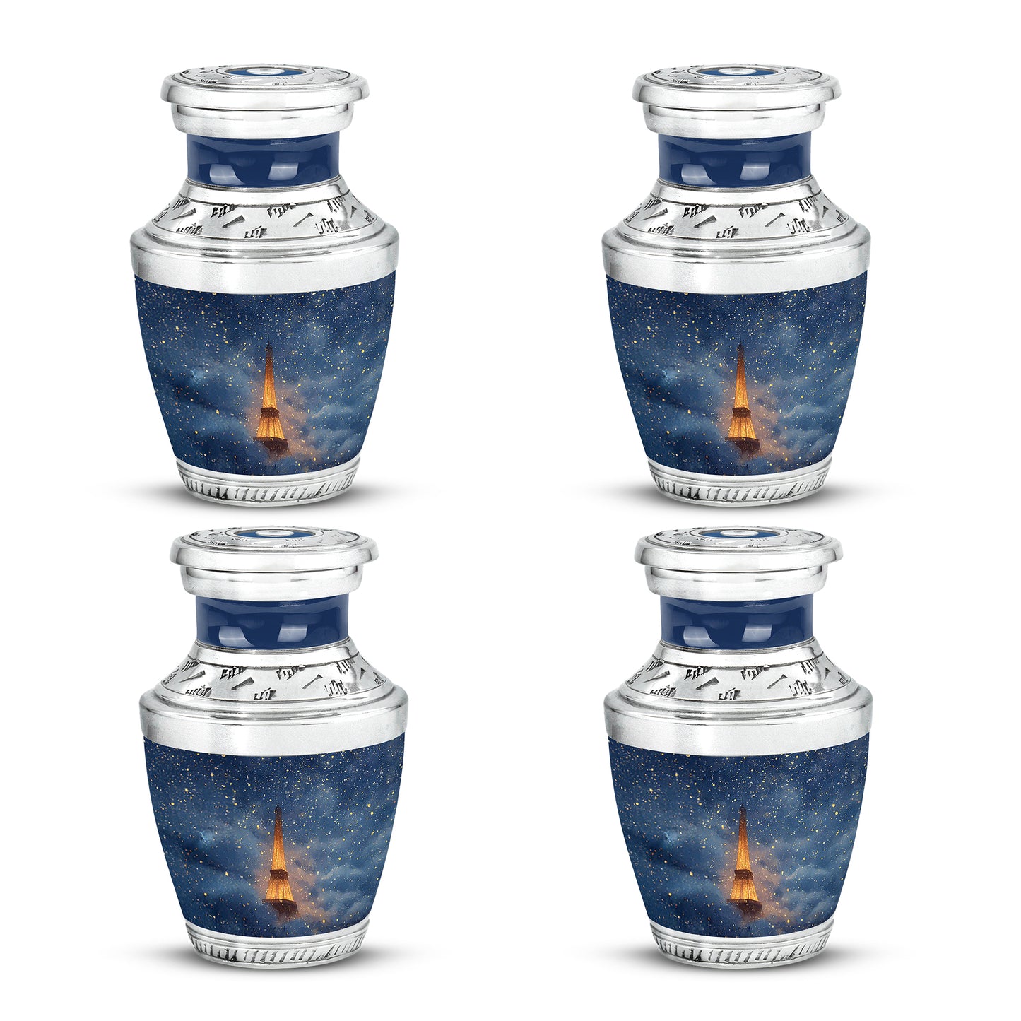 Misty Blue Eiffel Tower Cremation Urn back view with polished surface - modern art-inspired eiffel tower motif on sleek aluminum - 10 inch aluminum urn for cremated remains
