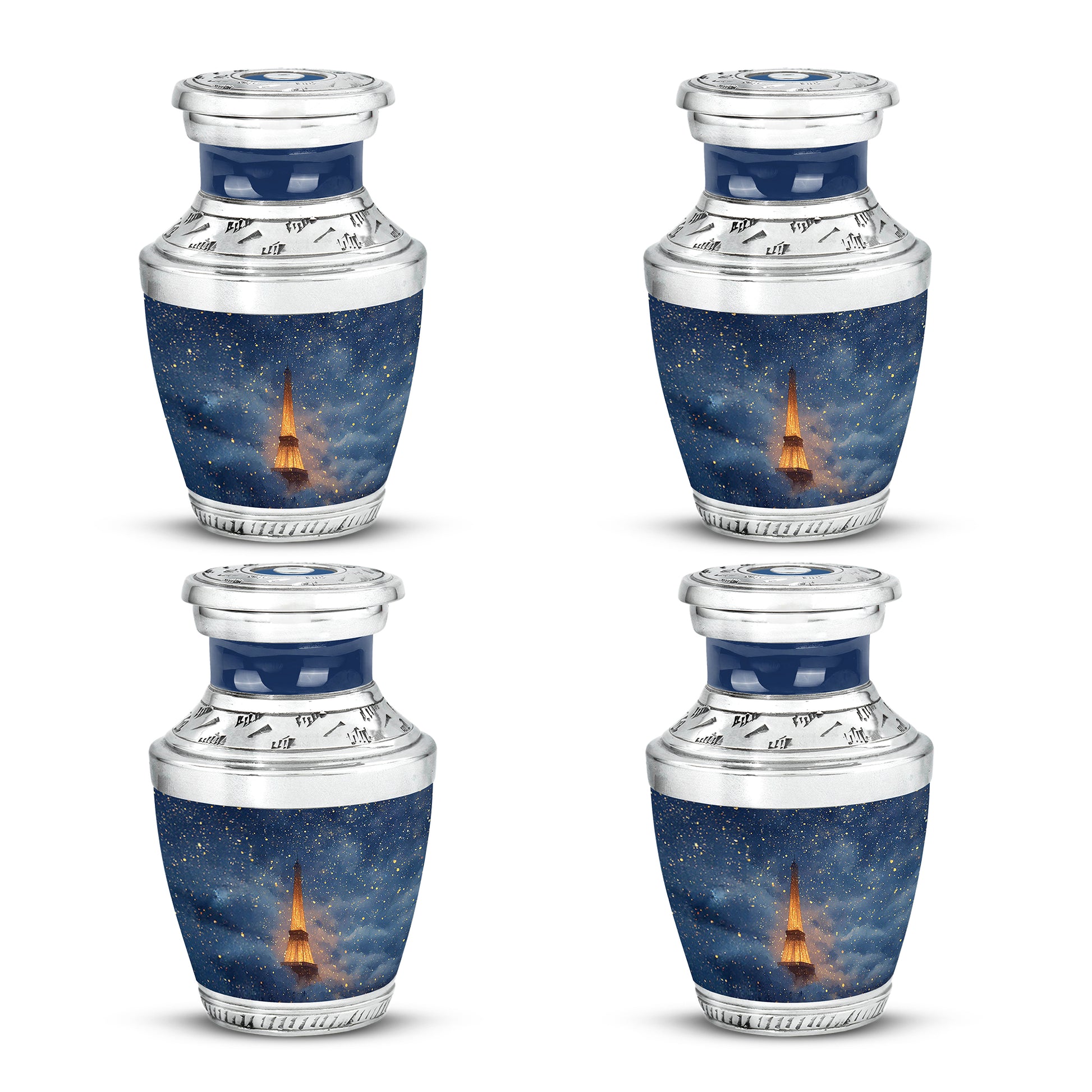 Misty Blue Eiffel Tower Cremation Urn back view with polished surface - modern art-inspired eiffel tower motif on sleek aluminum - 10 inch aluminum urn for cremated remains
