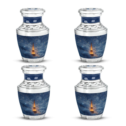 Misty Blue Eiffel Tower Cremation Urn back view with polished surface - modern art-inspired eiffel tower motif on sleek aluminum - 10 inch aluminum urn for cremated remains